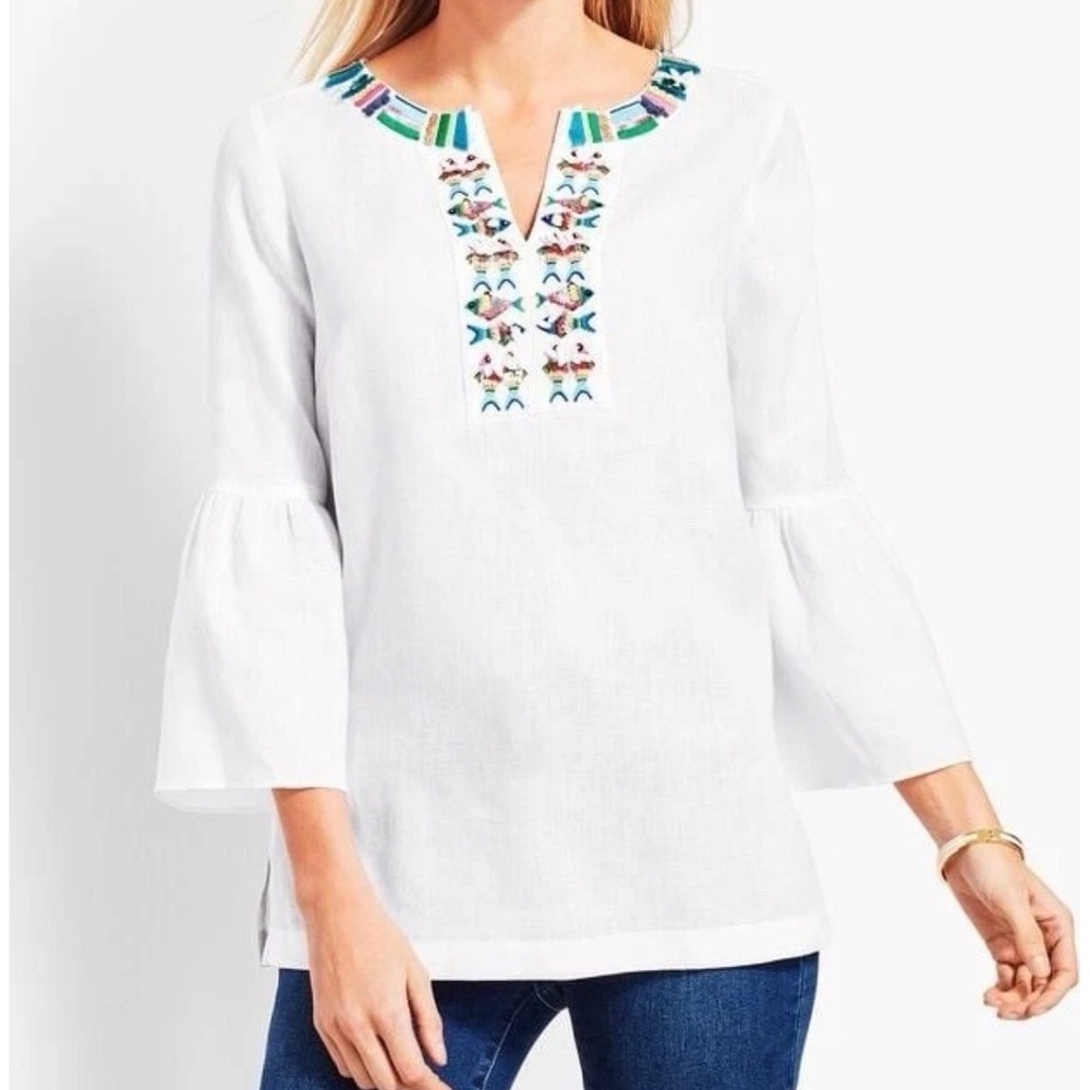 Talbots White 100% Linen Fish Sequin Tunic Bell Sleeve Blouse L Resort Cruise